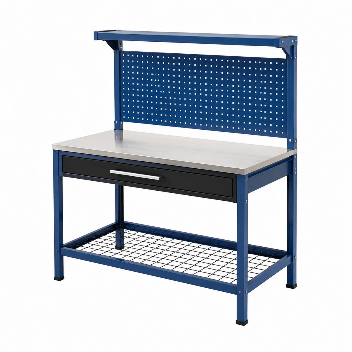 Établi d'atelier 120 x 60 x 150 cm en acier bleu avec panneau perforé et tiroir