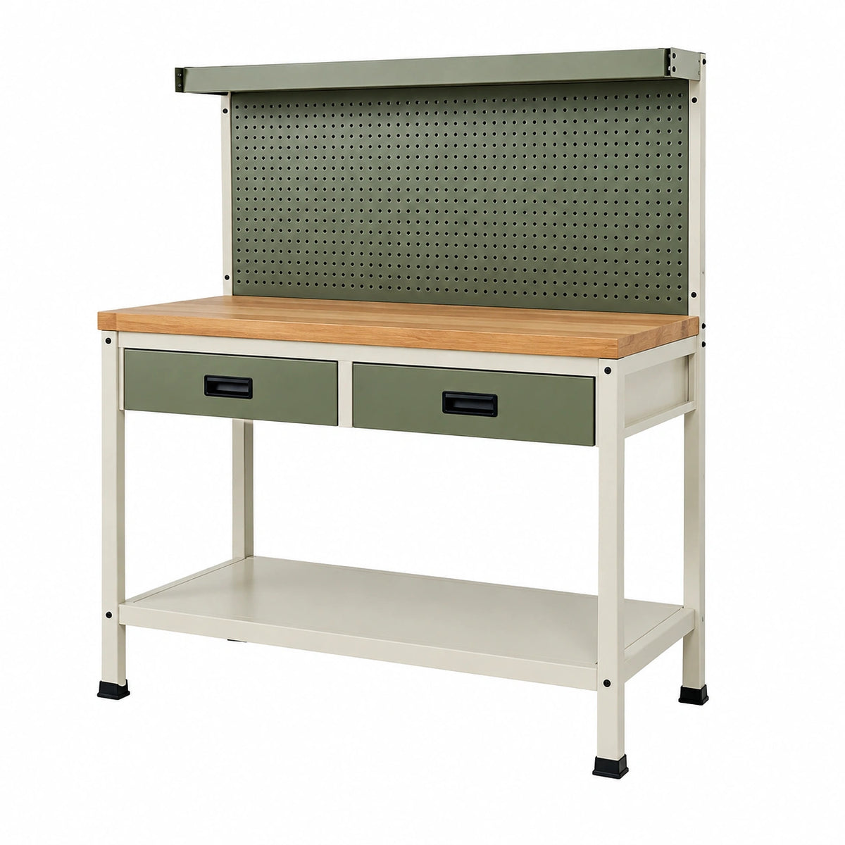 Établi de rangement 120x60x150 cm en acier et bois vert kaki avec panneau perforé