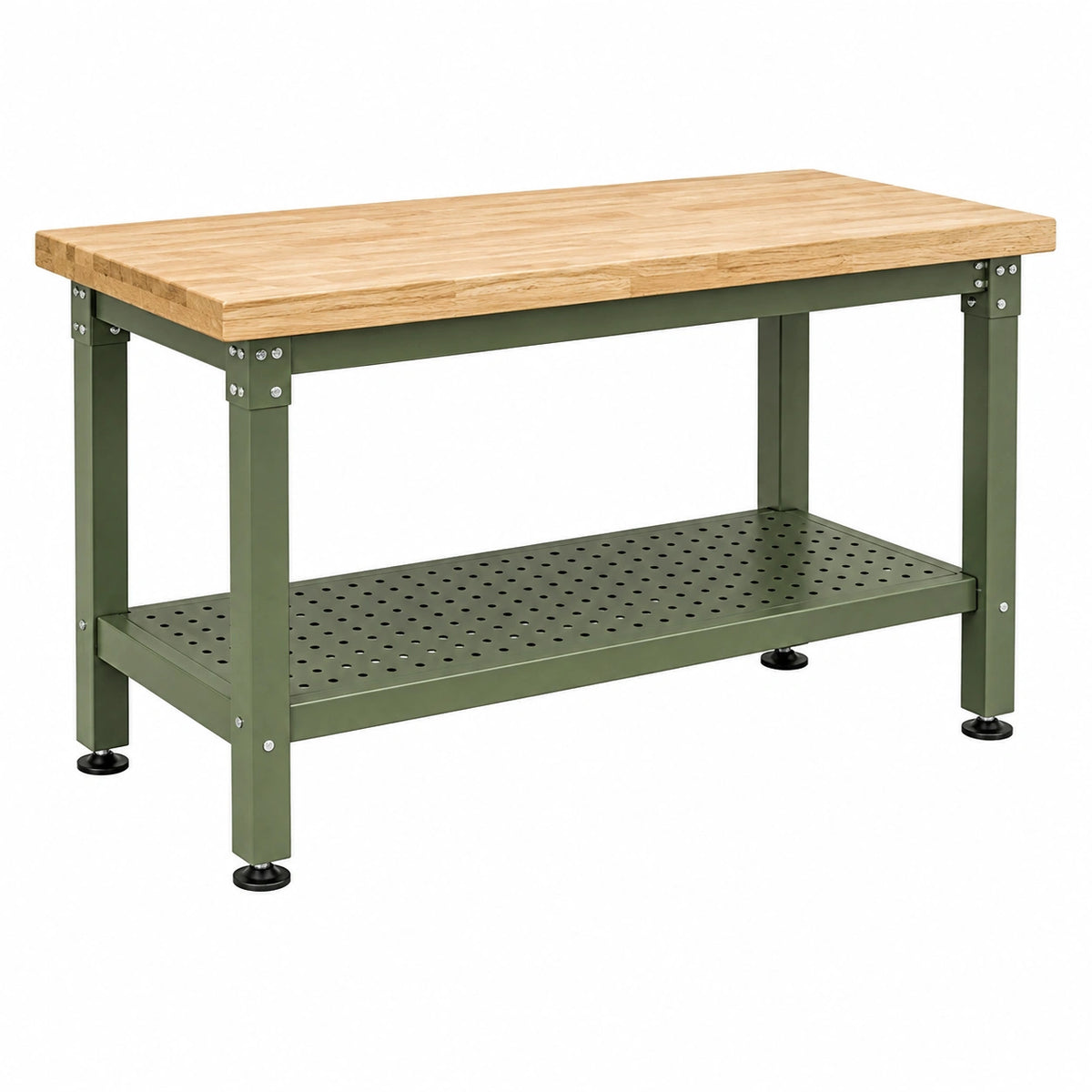 Établi 120 x 60 x 85 cm en bois et métal vert olive style industriel avec tablette perforée