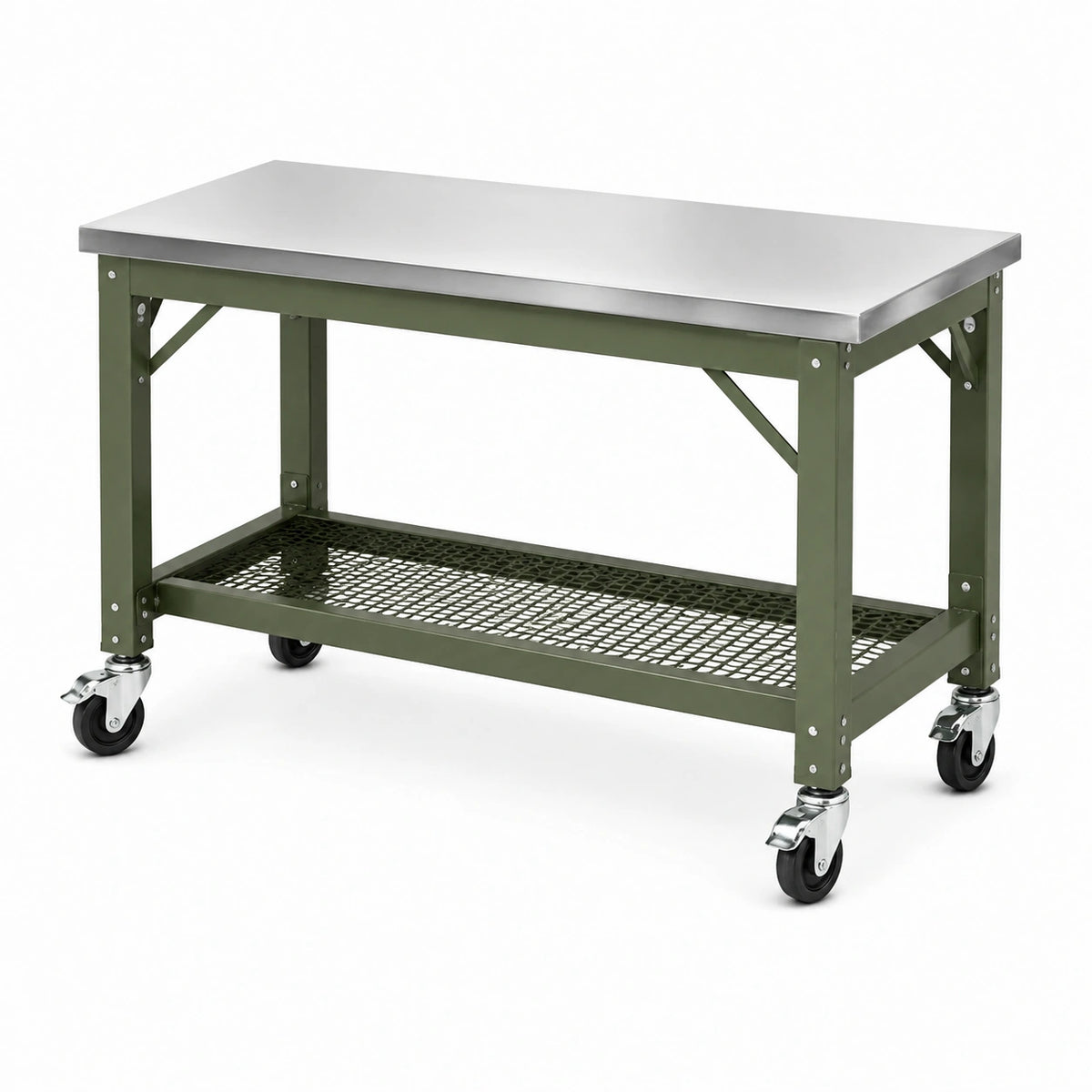 Établi roulant 122 x 61 x 91 cm en acier vert avec plateau en acier inoxydable et tablette de rangement