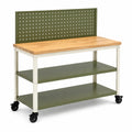 Établi d'atelier 120 x 60 x 150 cm en bois et acier vert avec panneau perforé et roulettes