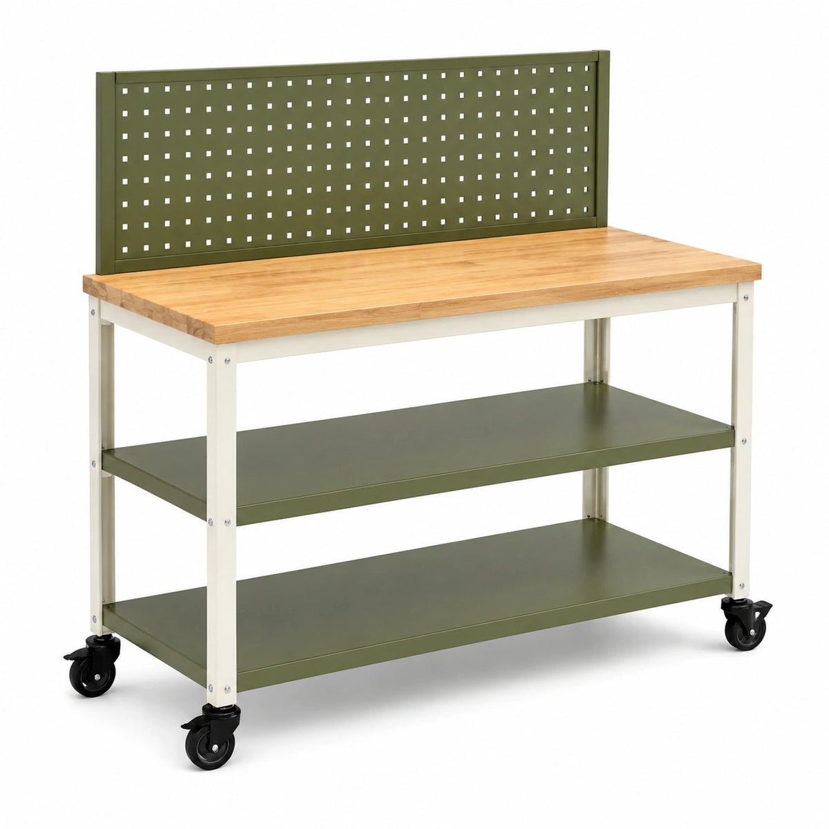 Établi d'atelier 120 x 60 x 150 cm en bois et acier vert avec panneau perforé et roulettes