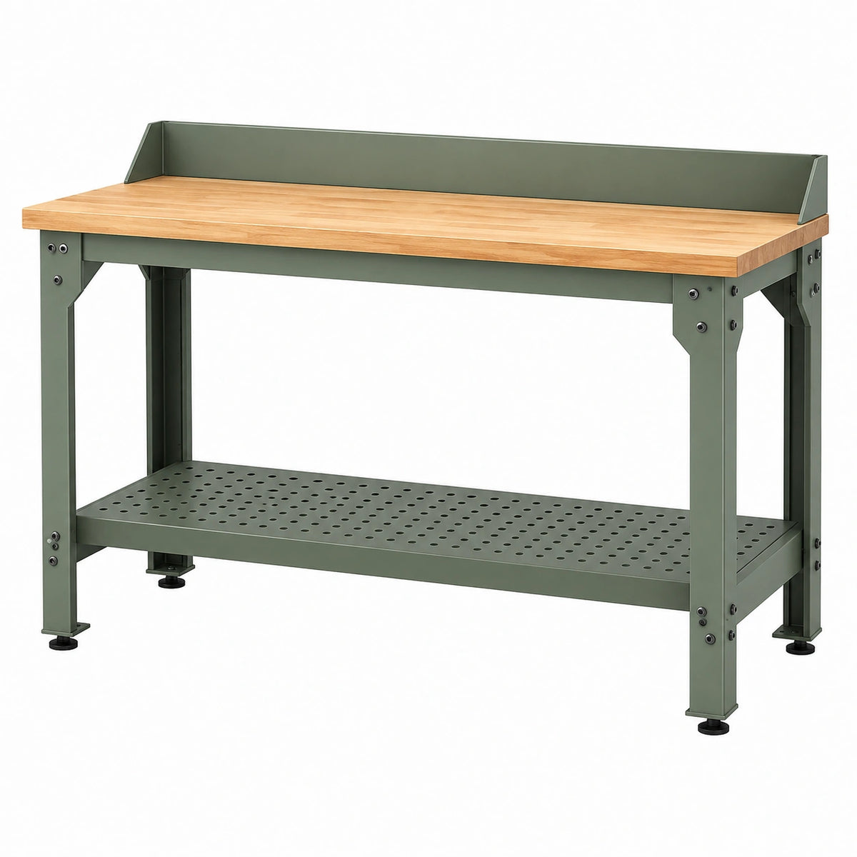 Établi 120 cm en acier vert et bois naturel avec étagère perforée