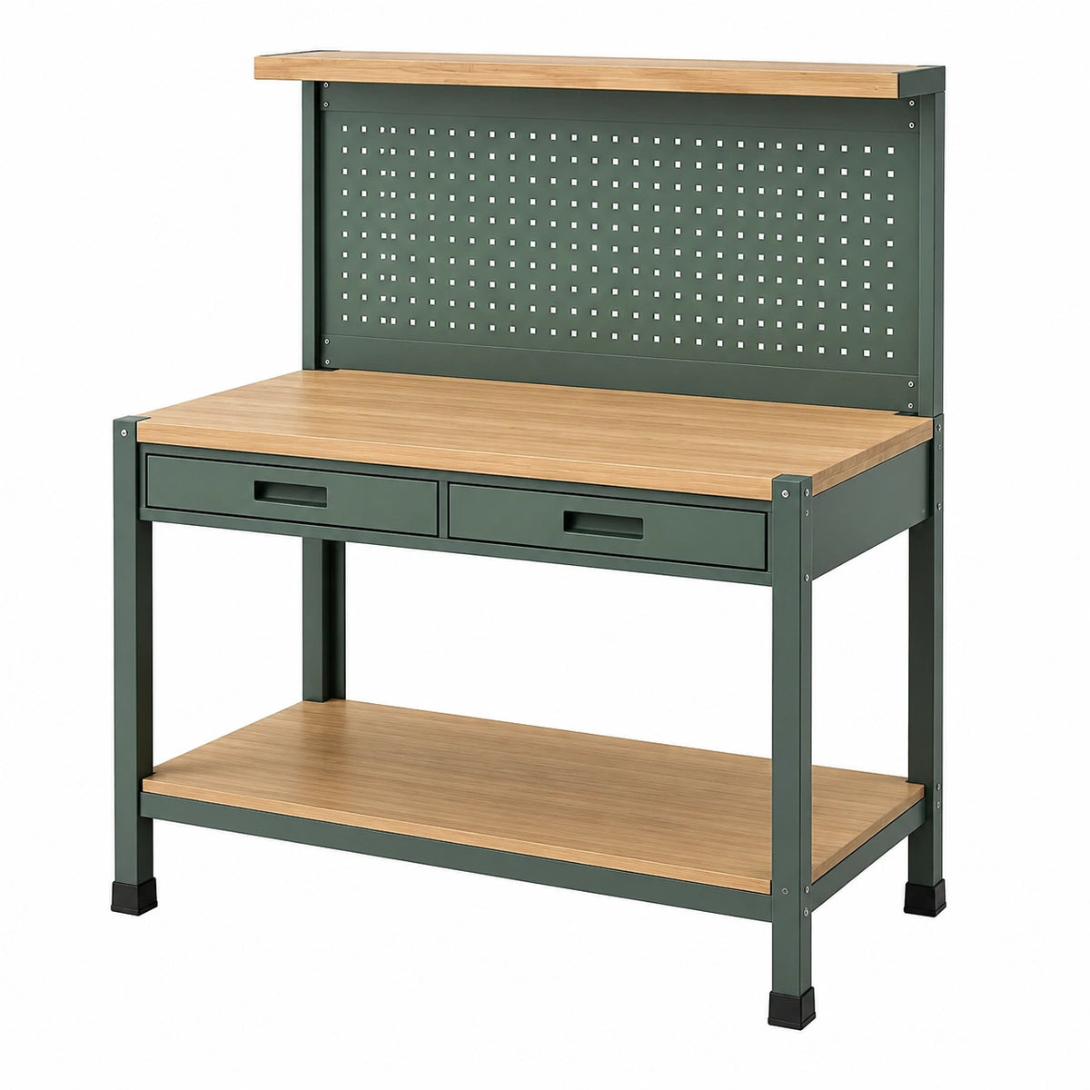 Établi 120 x 60 x 150 cm en acier vert foncé et bois avec panneau perforé et tiroirs