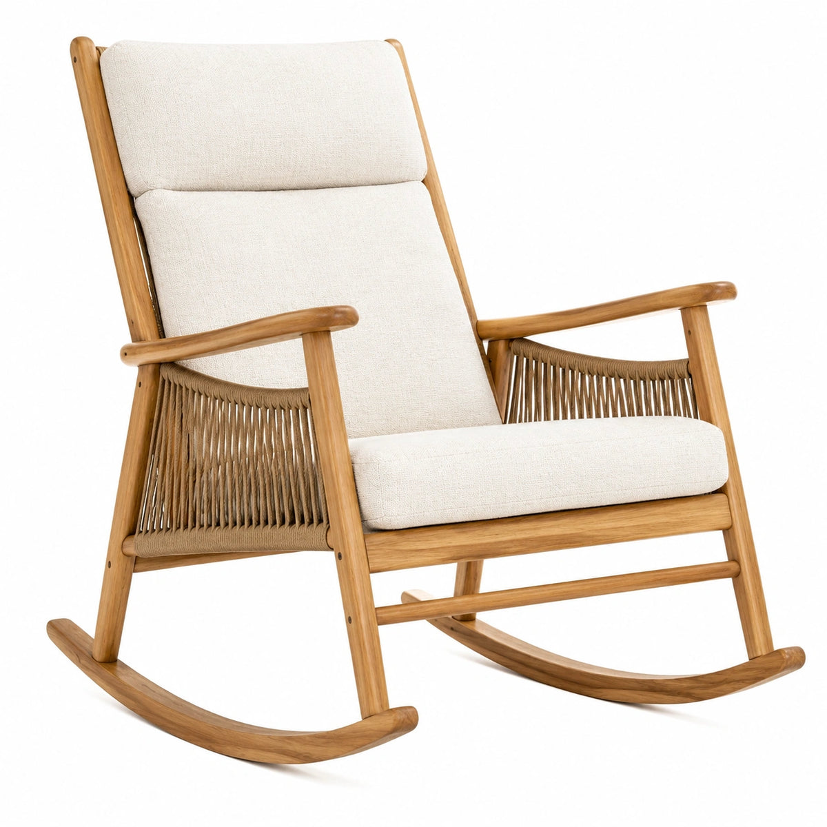 Fauteuil à bascule 75 x 95 x 105 cm en bois naturel et tissu écru style bohème