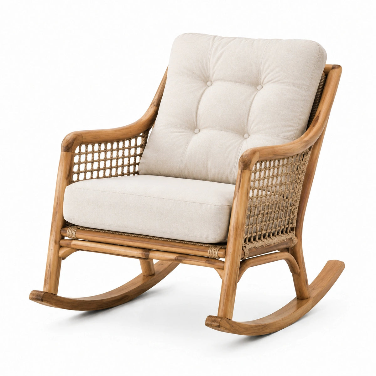 Fauteuil à bascule 70 x 90 x 100 cm en bois naturel et corde tressée beige style bohème