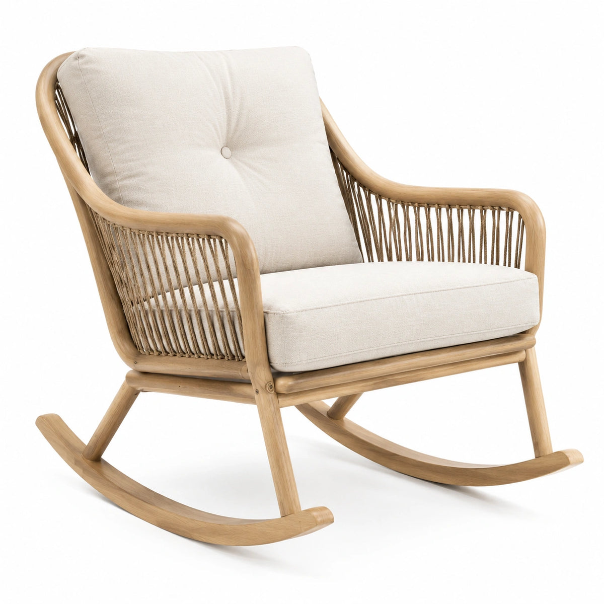 Fauteuil à bascule 70 x 95 x 100 cm en bois naturel et corde beige avec assise rembourrée