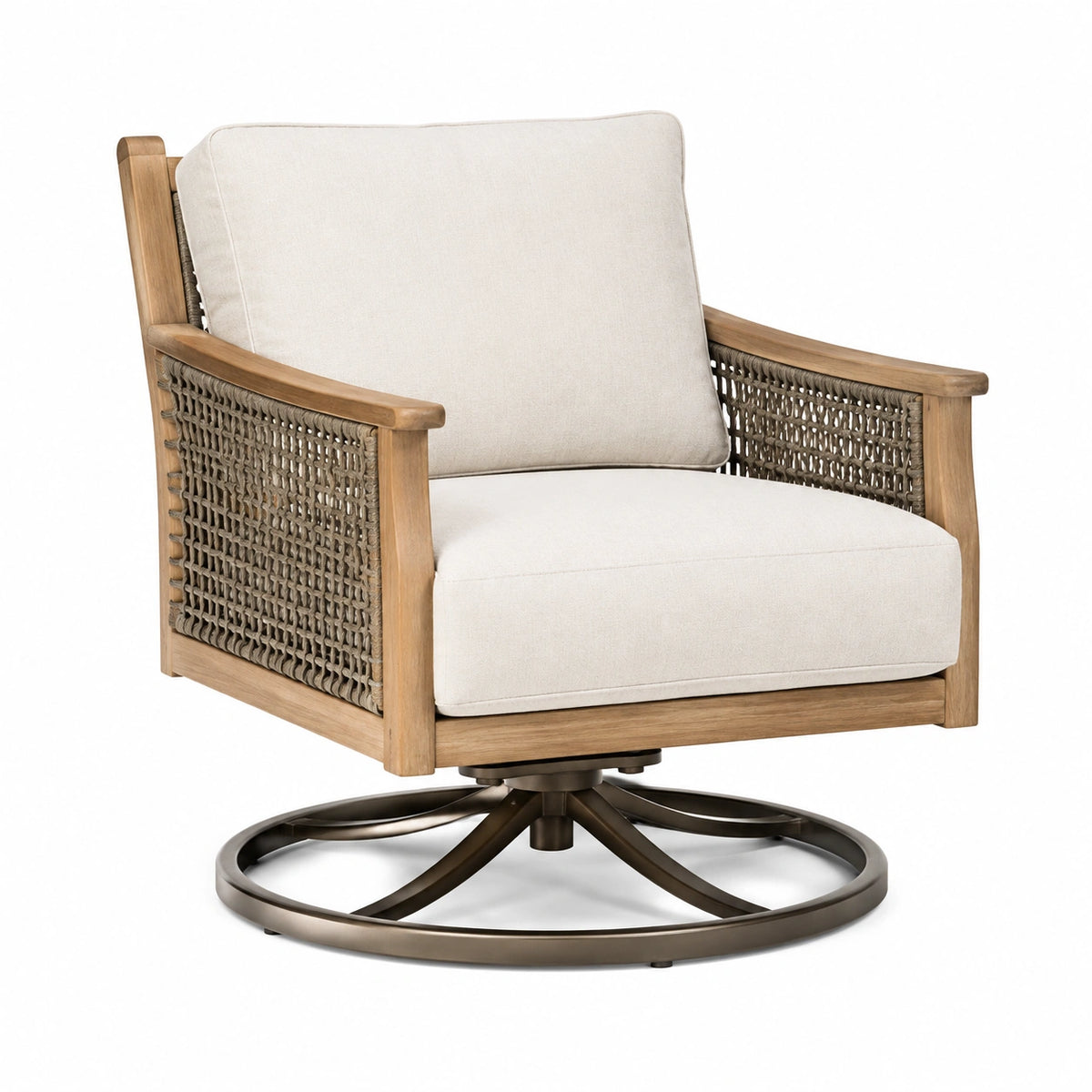 Fauteuil pivotant 82 x 82 x 88 cm en bois et corde tressée beige style contemporain