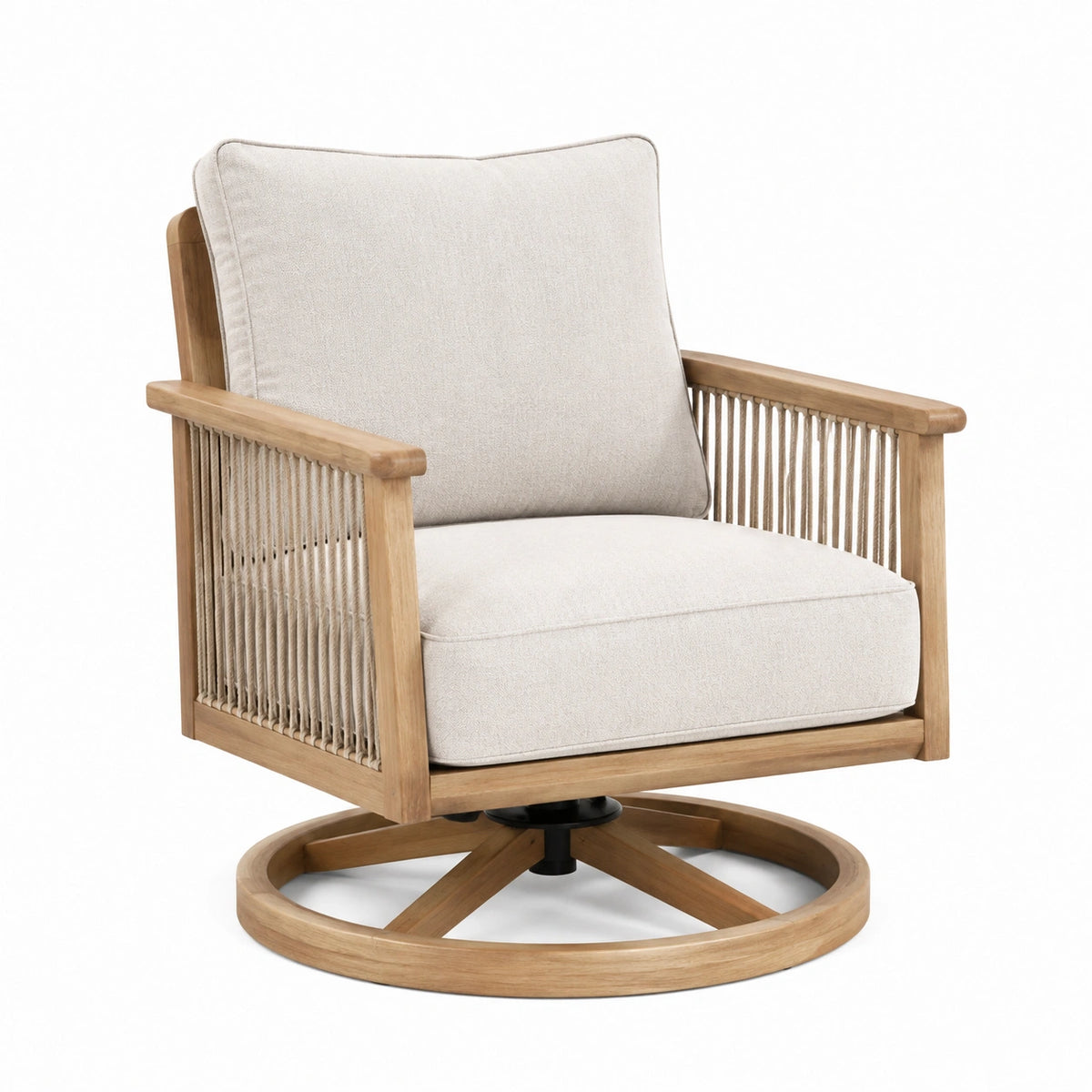 Fauteuil pivotant 75 x 80 x 88 cm en bois naturel et tissu beige style contemporain