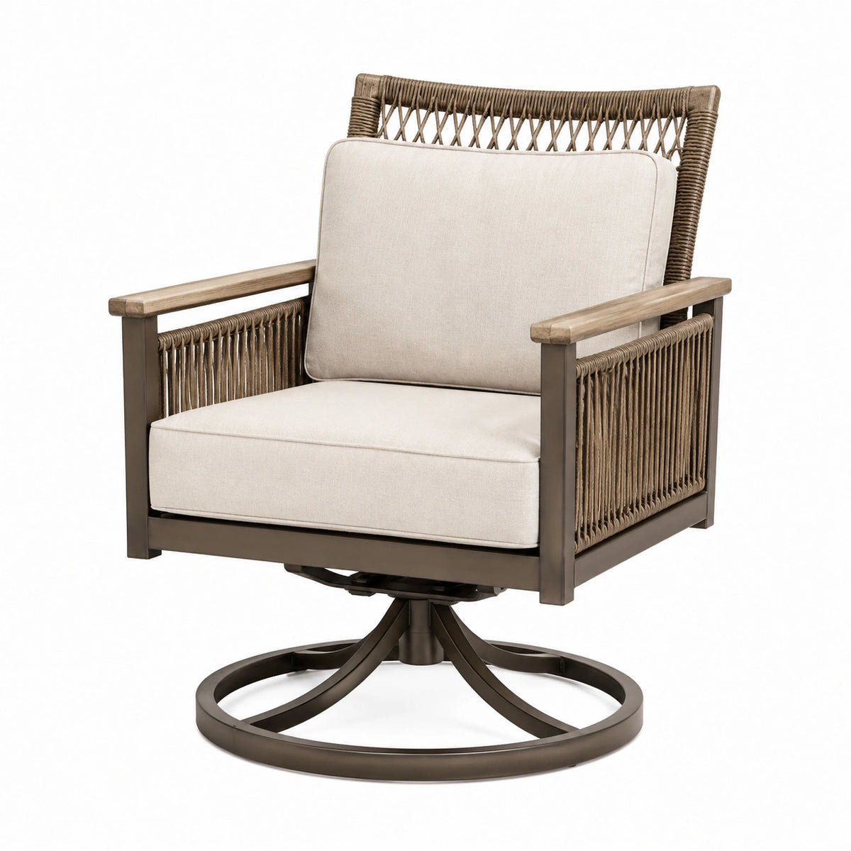 Fauteuil de jardin pivotant 76 x 78 x 92 cm en métal corde beige et marron