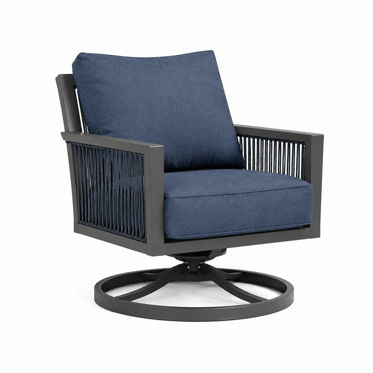Fauteuil de jardin pivotant 82 x 78 x 85 cm en aluminium noir et textile bleu