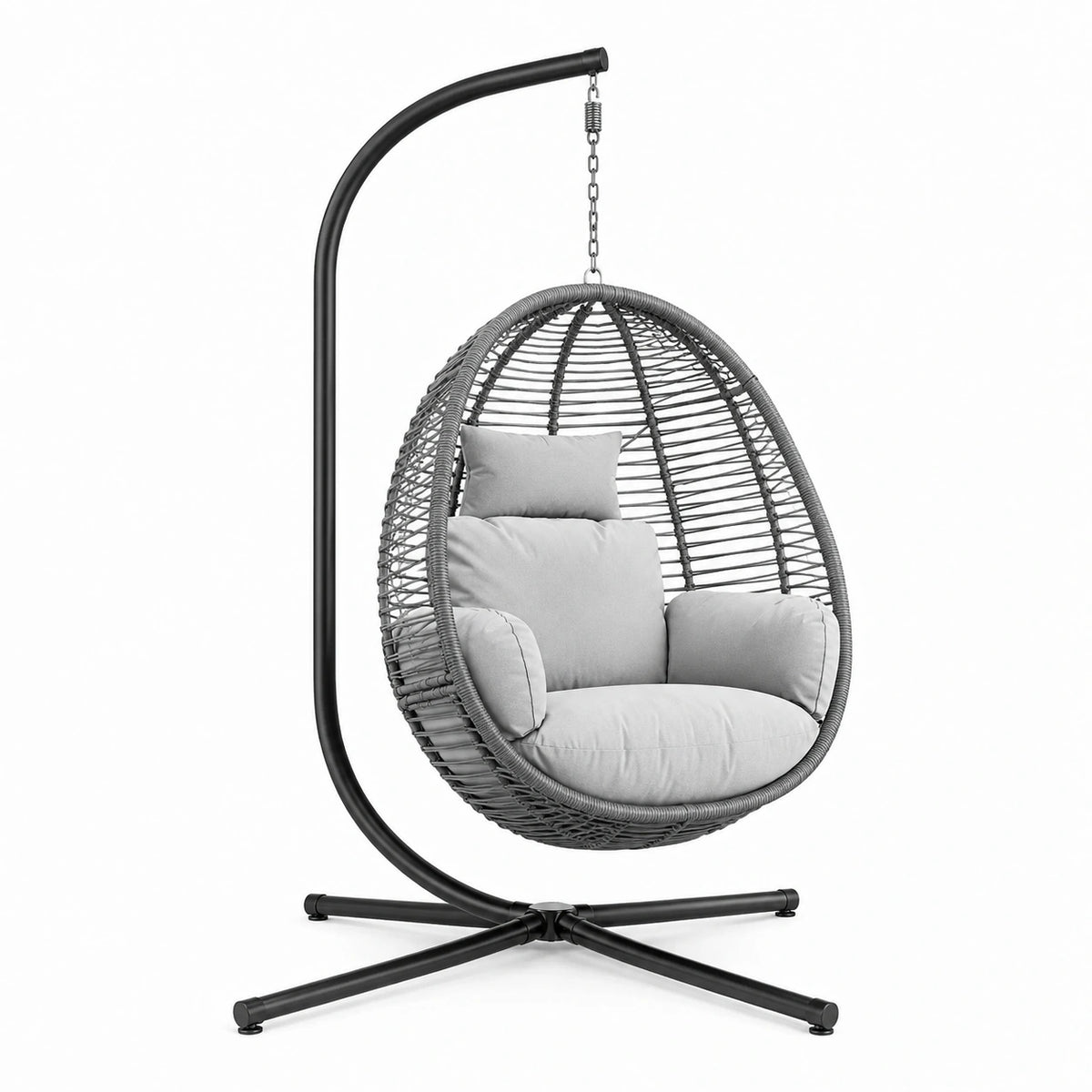Fauteuil suspendu 105 x 105 x 195 cm en résine tressée gris et acier noir pour jardin - style cocon