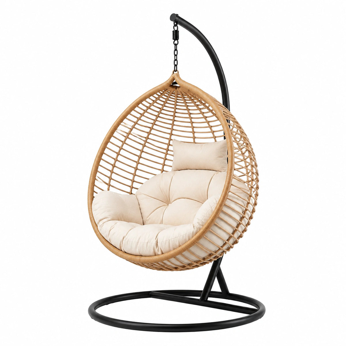 Fauteuil suspendu 105 cm x 105 cm x 195 cm en résine tressée beige et acier noir style cocon