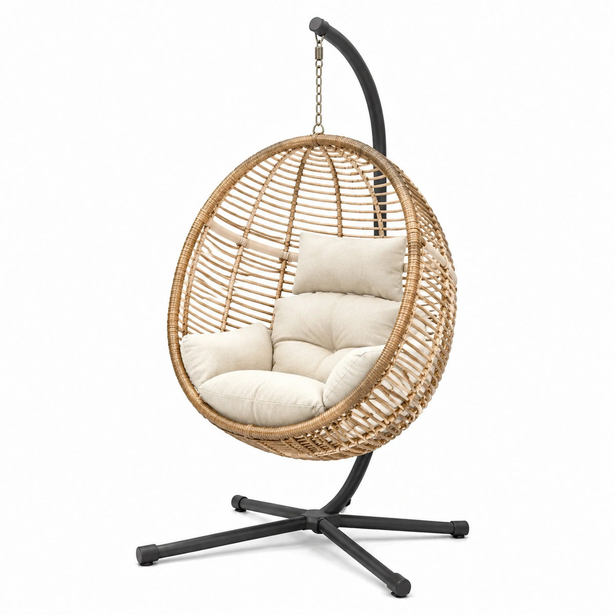 Fauteuil suspendu 105 x 105 x 195 cm en rotin beige et acier noir - Style bohème intérieur
