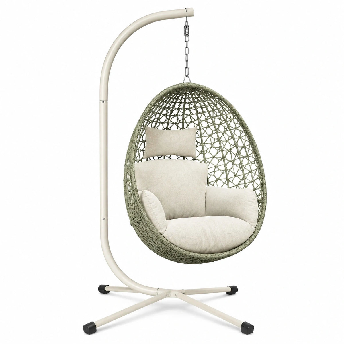 Fauteuil suspendu 105 x 105 x 195 cm en résine tressée vert sauge avec support en acier - balançoire intérieure extérieure