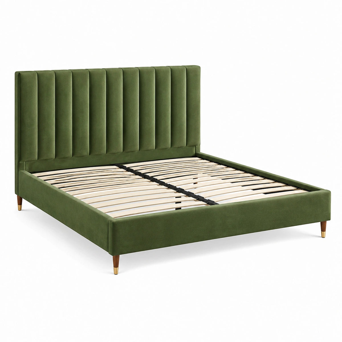 Lit double 160 x 200 cm en velours vert olive avec sommier à lattes style contemporain
