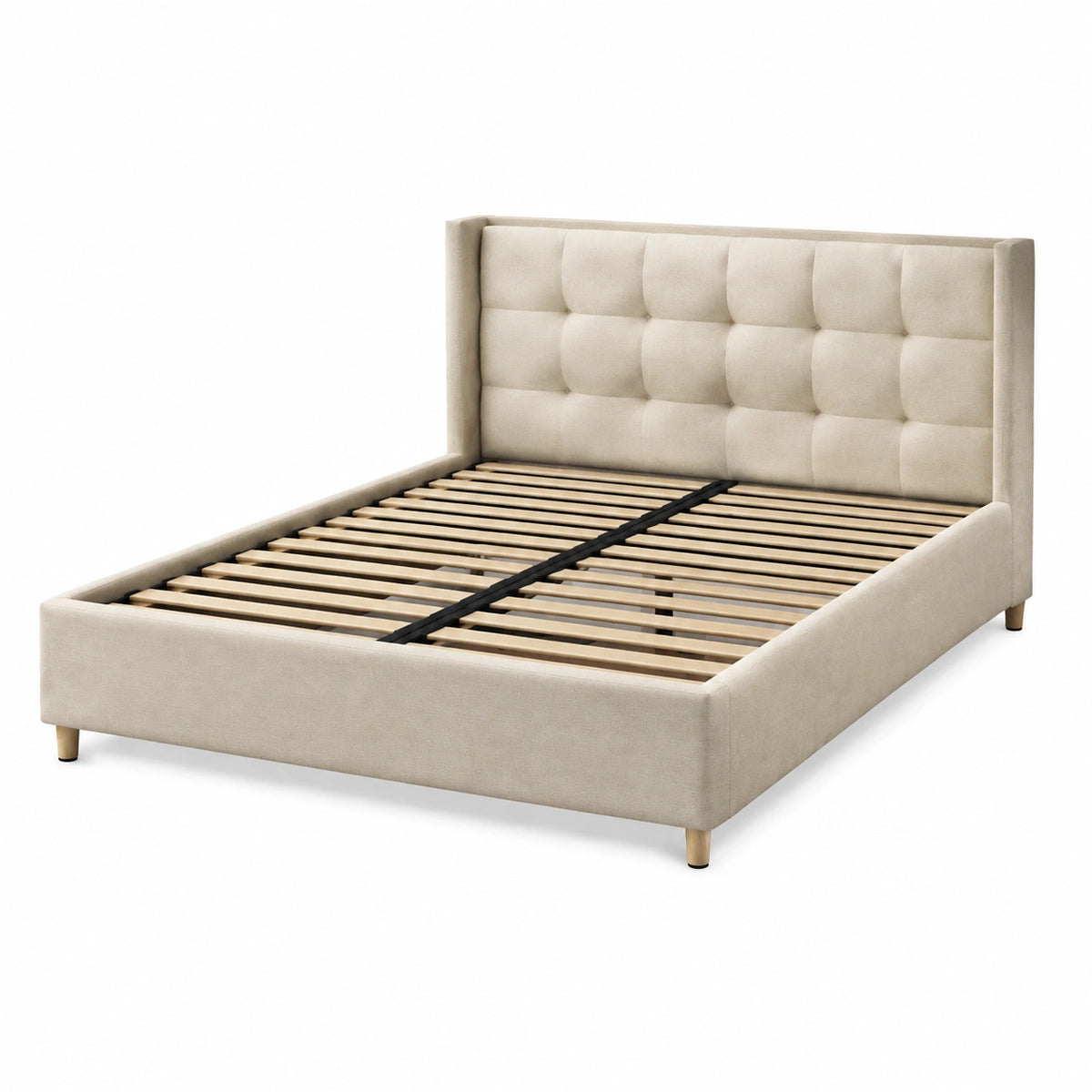 Lit double 160 x 200 cm en tissu beige - tête de lit capitonnée et sommier à lattes