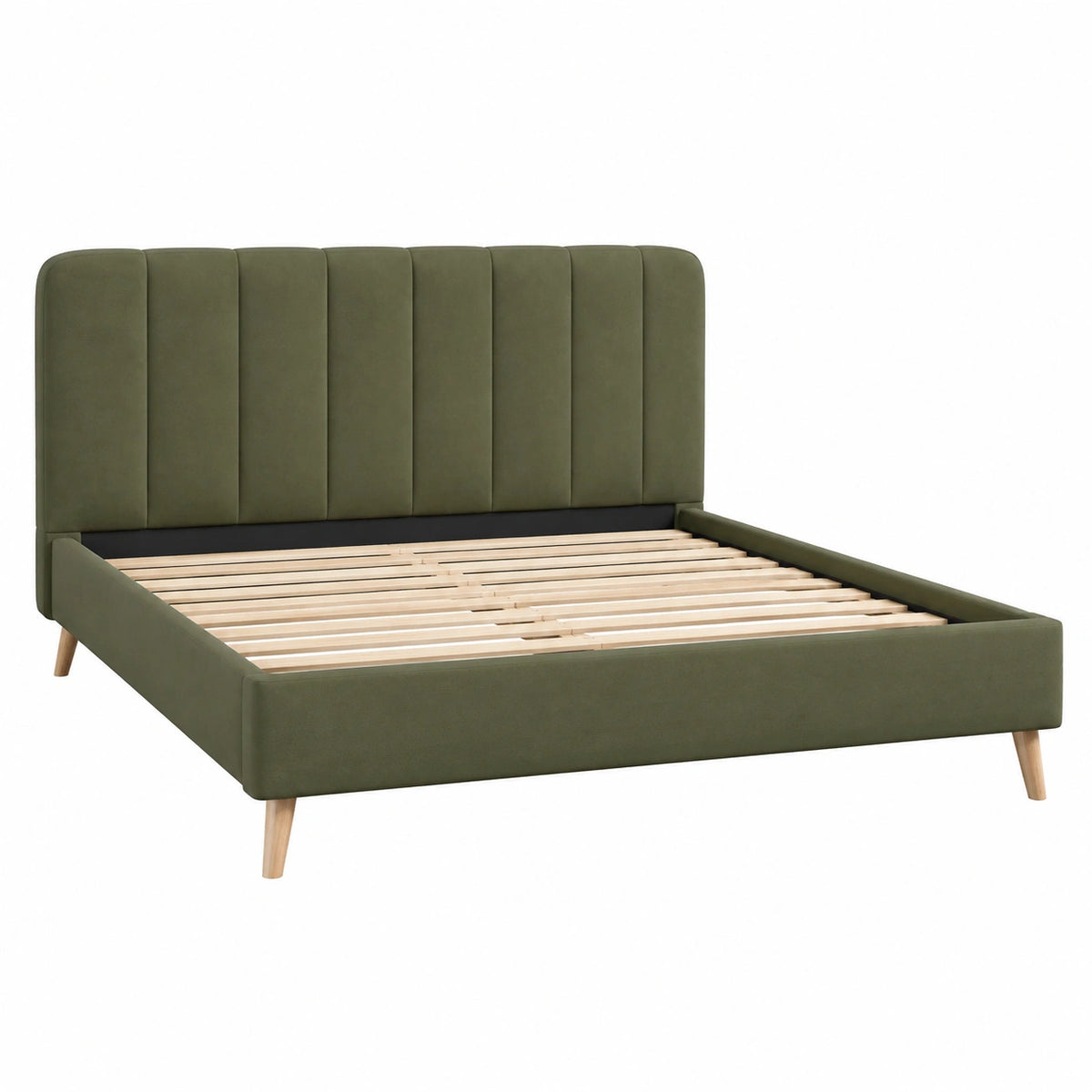 Lit 160 x 200 cm en velours vert kaki avec sommier à lattes style contemporain