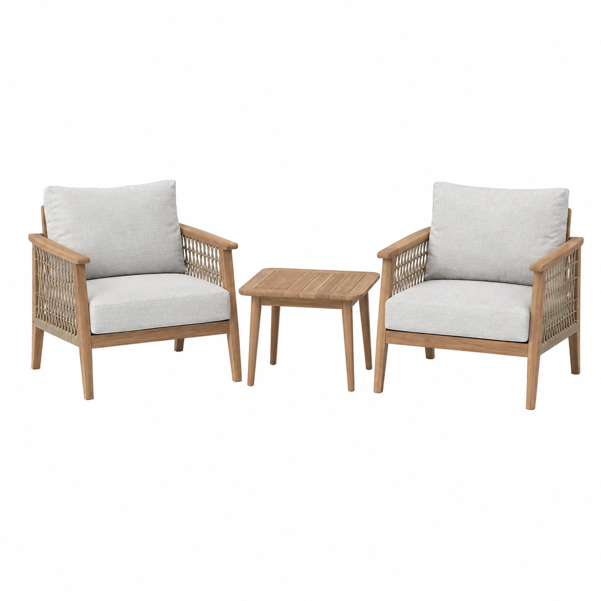Salon de jardin 3 pièces en bois naturel et corde beige avec fauteuils à coussins