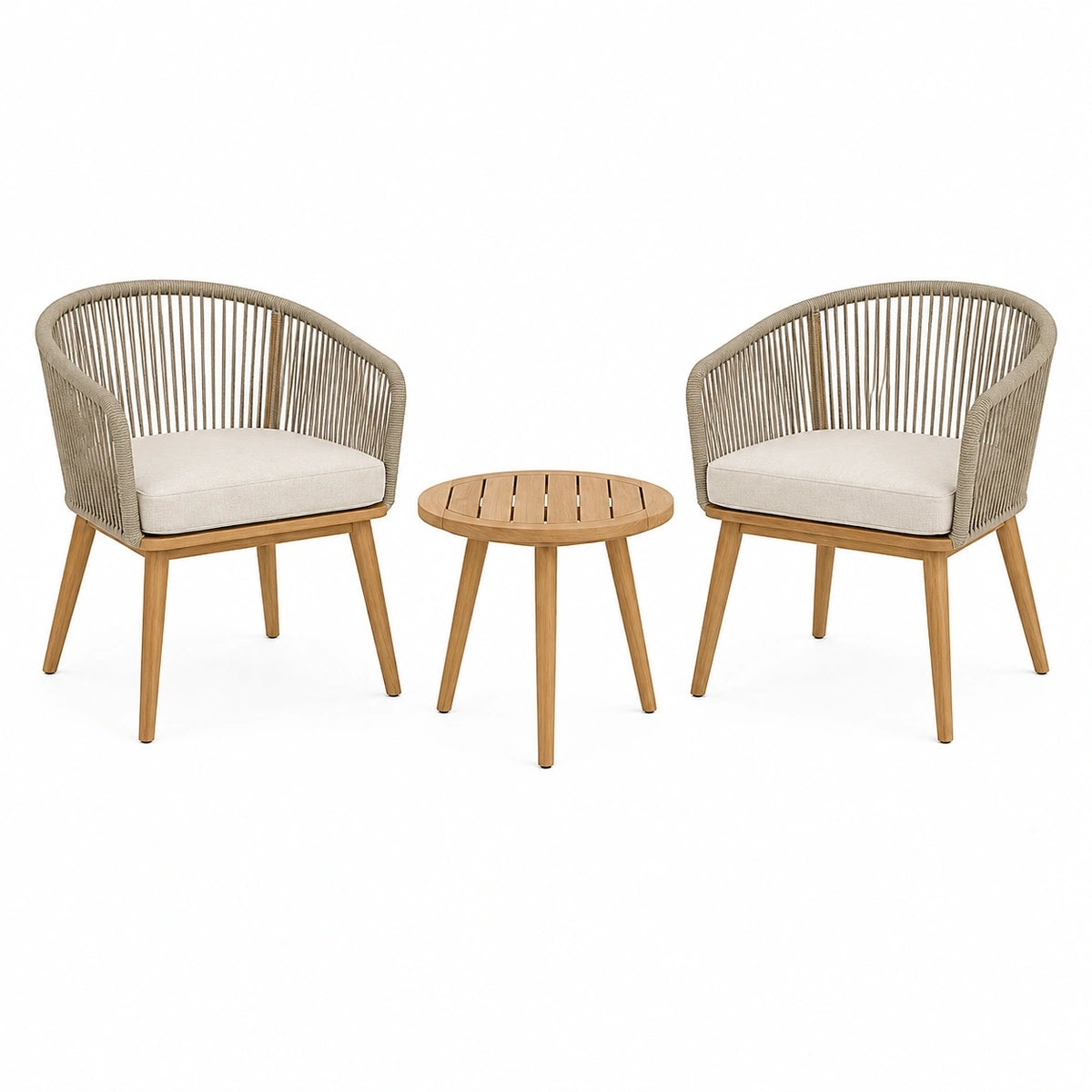 Salon de jardin 2 fauteuils 70 x 68 x 78 cm et table ronde 60 x 45 cm en bois et corde beige style contemporain