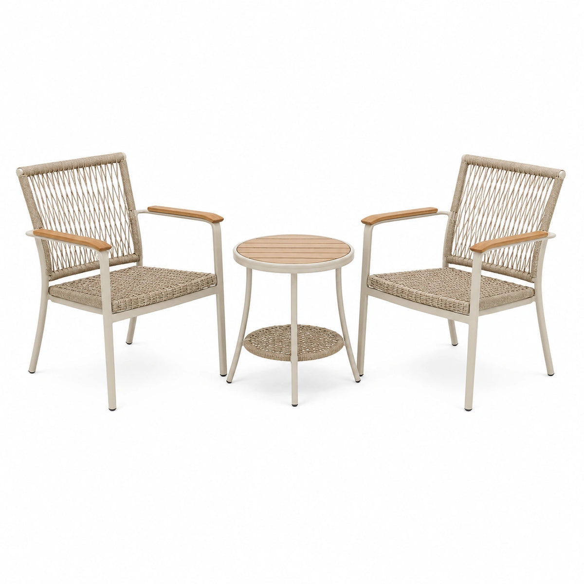 Salon de jardin 3 pièces fauteuils 62 x 65 x 87 cm table ronde diamètre 50 cm métal cordage beige style bistrot extérieur
