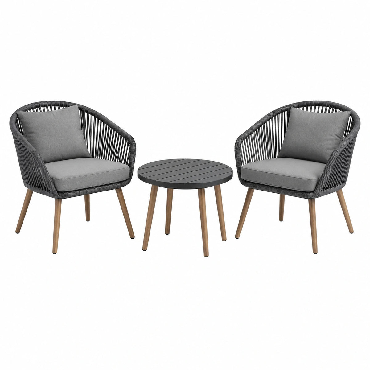 Salon de jardin 2 fauteuils et table ronde 60 cm corde gris anthracite bois style contemporain