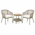 Salon de jardin 2 fauteuils et table 60 x 60 cm en métal corde et bois beige vert style bistro