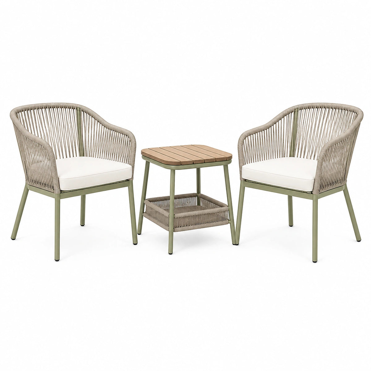 Salon de jardin 2 fauteuils et table 60 x 60 cm en métal corde et bois beige vert style bistro