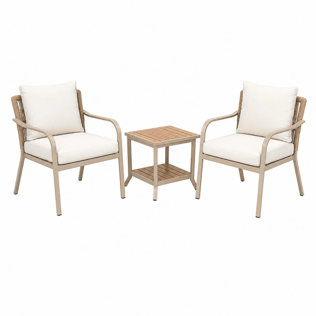 Salon de jardin 3 pièces en aluminium beige avec table 50 x 50 cm style contemporain