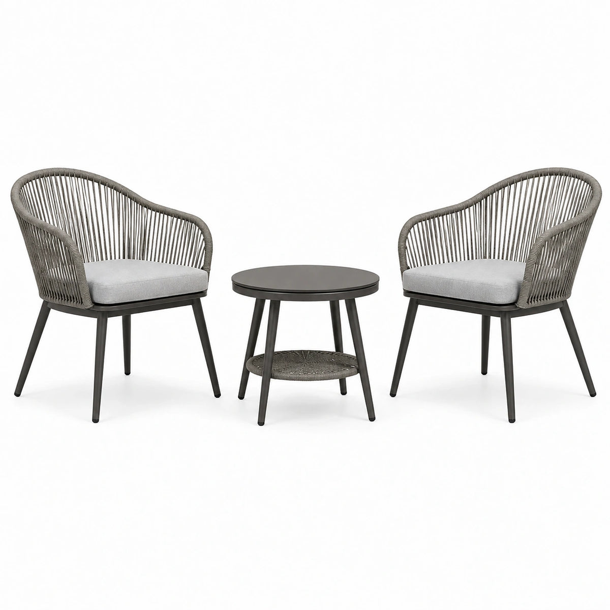 Salon de jardin 2 fauteuils et table ronde 50 cm en métal et corde gris noir