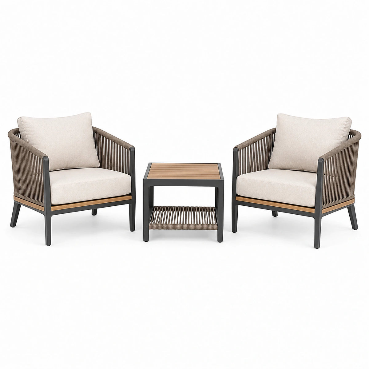 Salon de jardin 3 pièces 68 x 70 cm métal noir corde tressée pour terrasse